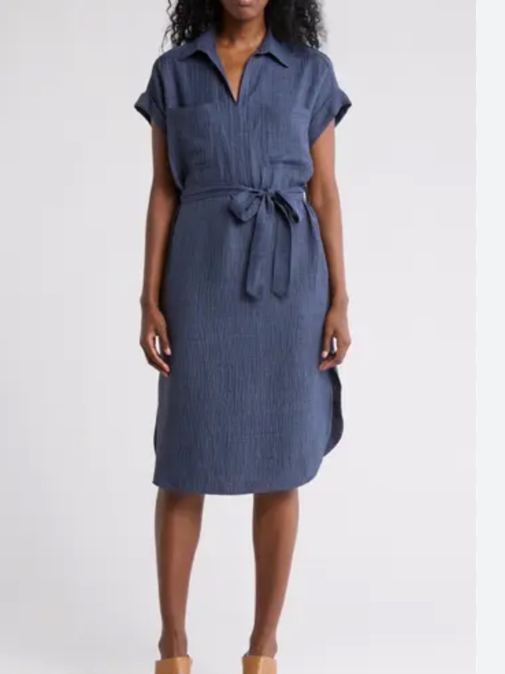Max Studio Heather Indigo Textured Short Sleeve Midi Shirt Dress with Belt S